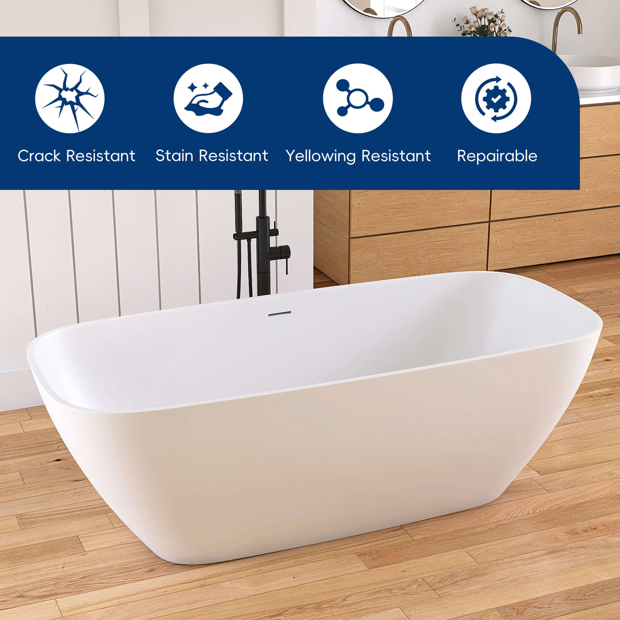New England Home Goods Santorini 67" Freestanding Tub in White - Stone Resin Solid Surface