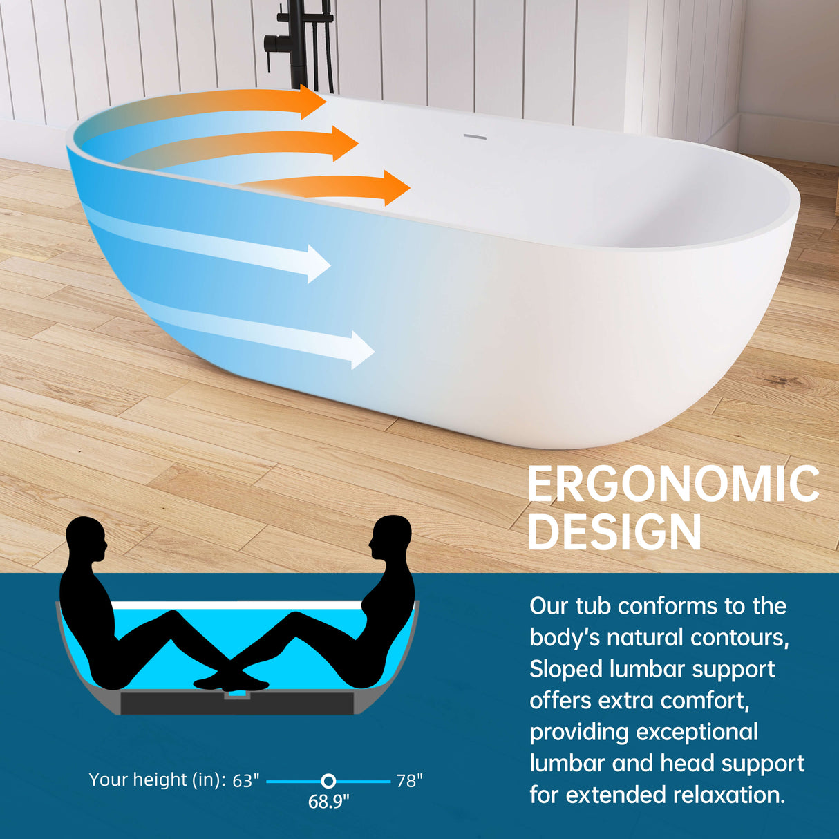 New England Home Goods Daytona 69" Freestanding Tub in Black - Stone Resin Solid Surface