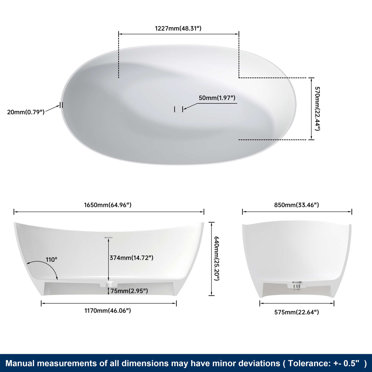 New England Home Goods Nanga 65" Freestanding Tub in Milk Coffee - Stone Resin Solid Surface