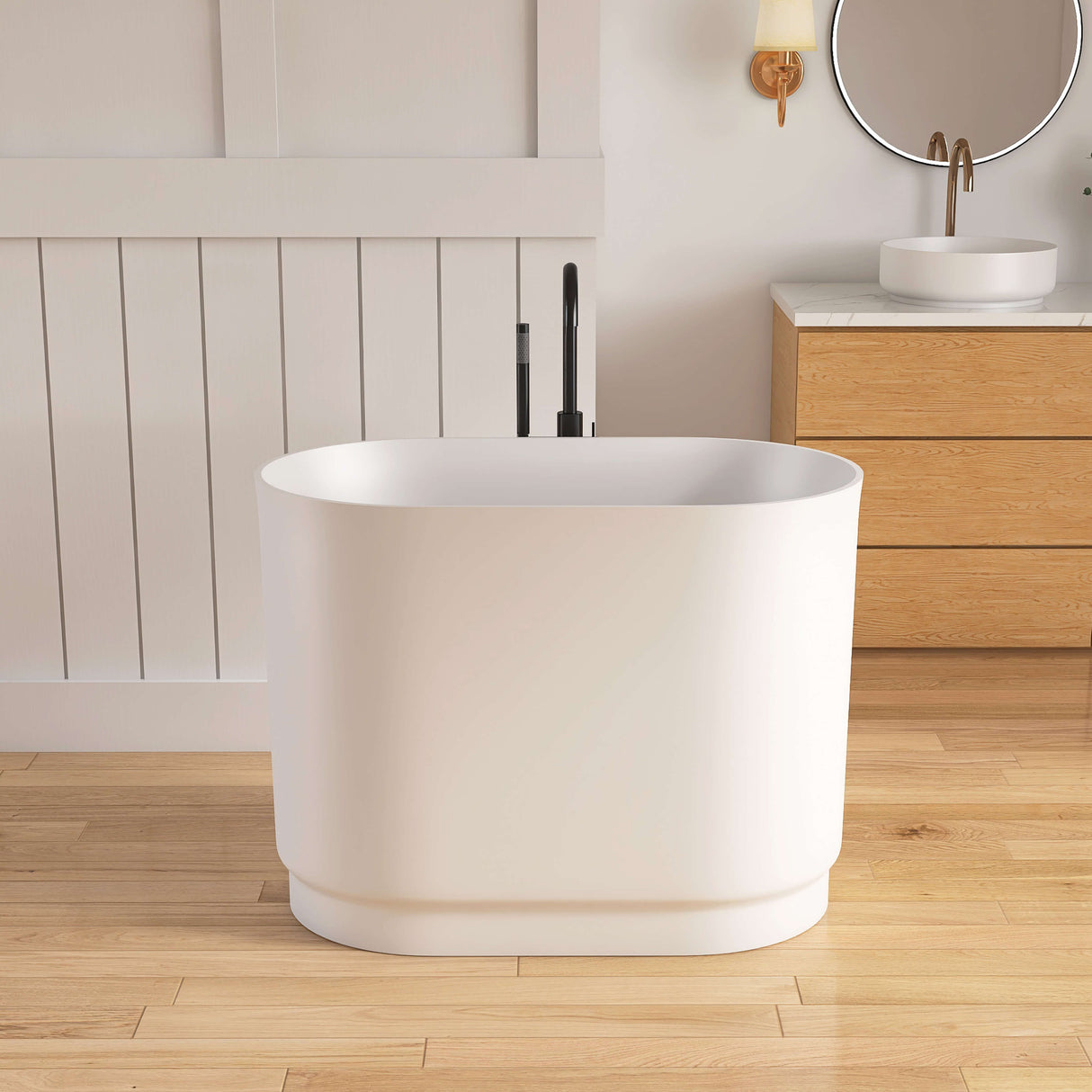 New England Home Goods Makalu 39" Freestanding Tub in White - Stone Resin Solid Surface