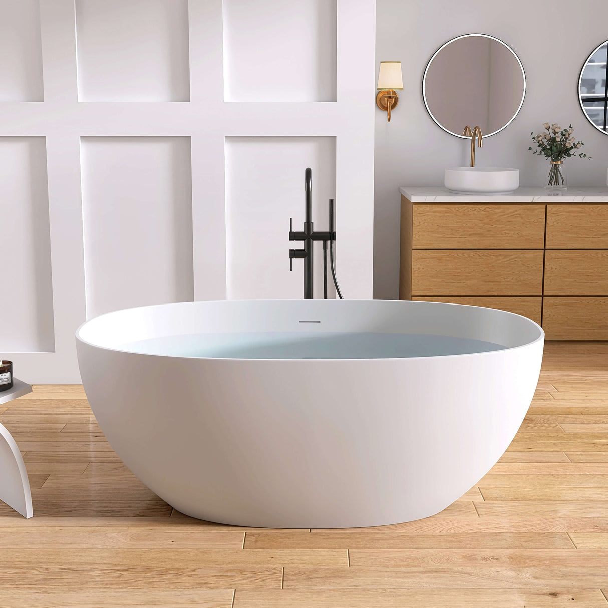 New England Home Goods La 59" Freestanding Tub in White - Stone Resin Solid Surface