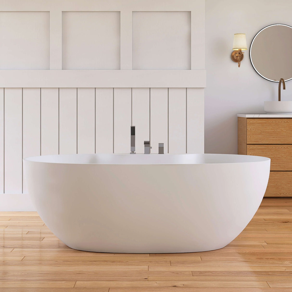 New England Home Goods Shishapangma 63" Freestanding Tub in White - Stone Resin Solid Surface