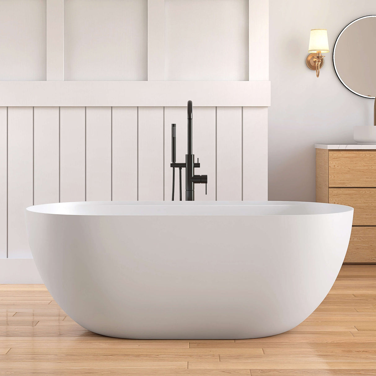 New England Home Goods Clearwater 59" Freestanding Tub in White - Stone Resin Solid Surface