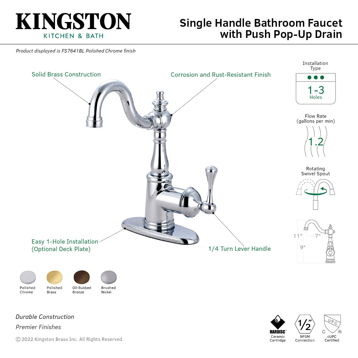 English Vintage FS7641BL Single-Handle 1-Hole Deck Mount Bathroom Faucet with Push Pop-Up, Polished Chrome