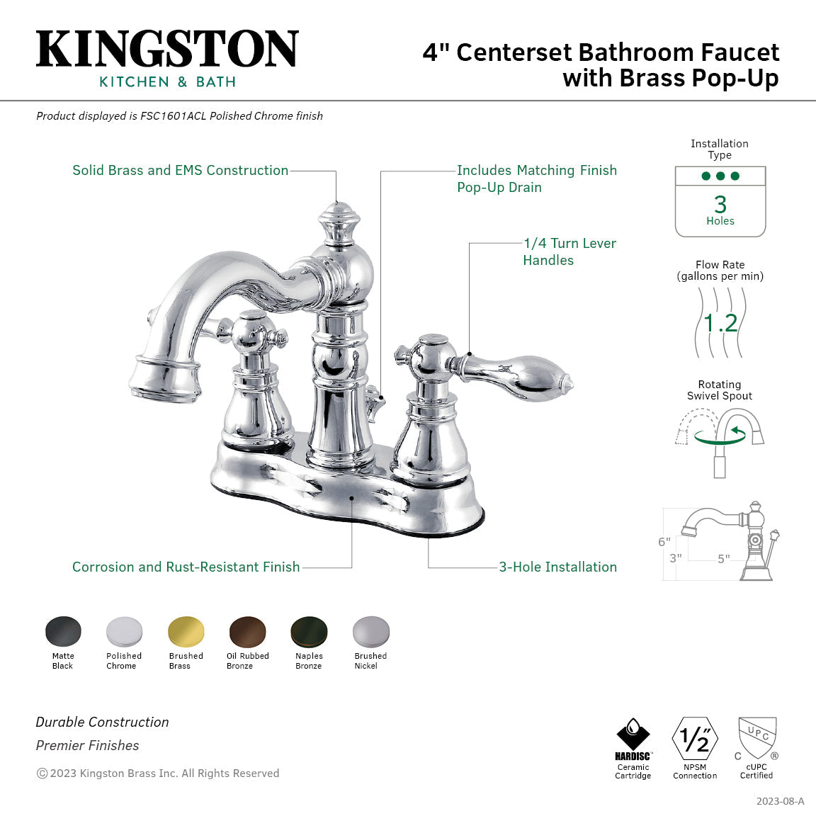 American Classic FSC1600ACL Two-Handle 3-Hole Deck Mount 4" Centerset Bathroom Faucet with Pop-Up Drain, Matte Black