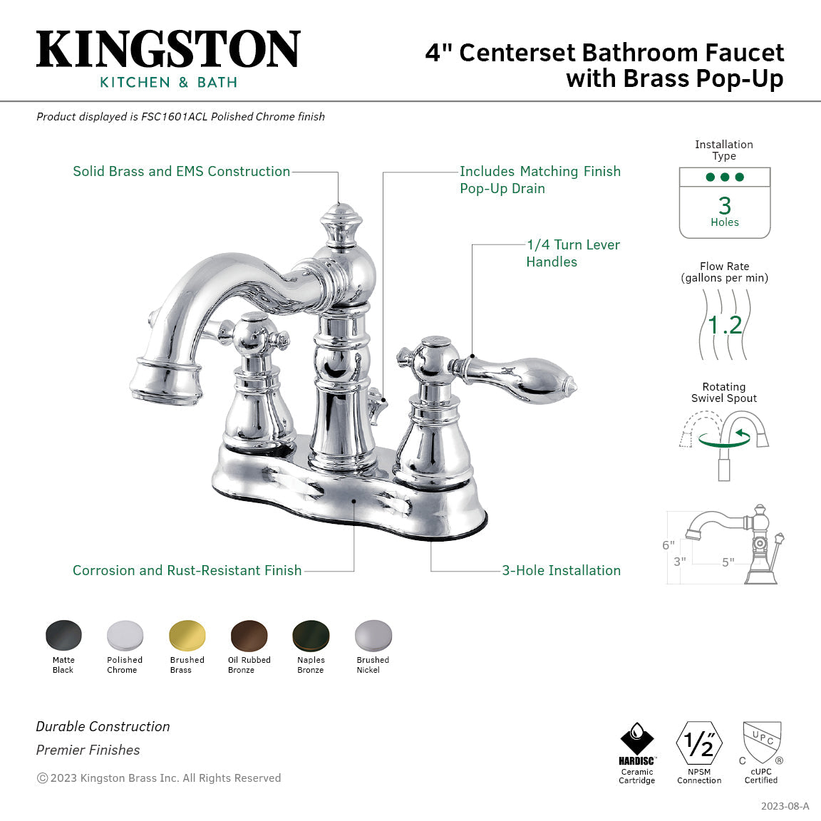 American Classic FSC1605ACL Two-Handle 3-Hole Deck Mount 4" Centerset Bathroom Faucet with Pop-Up Drain, Oil Rubbed Bronze