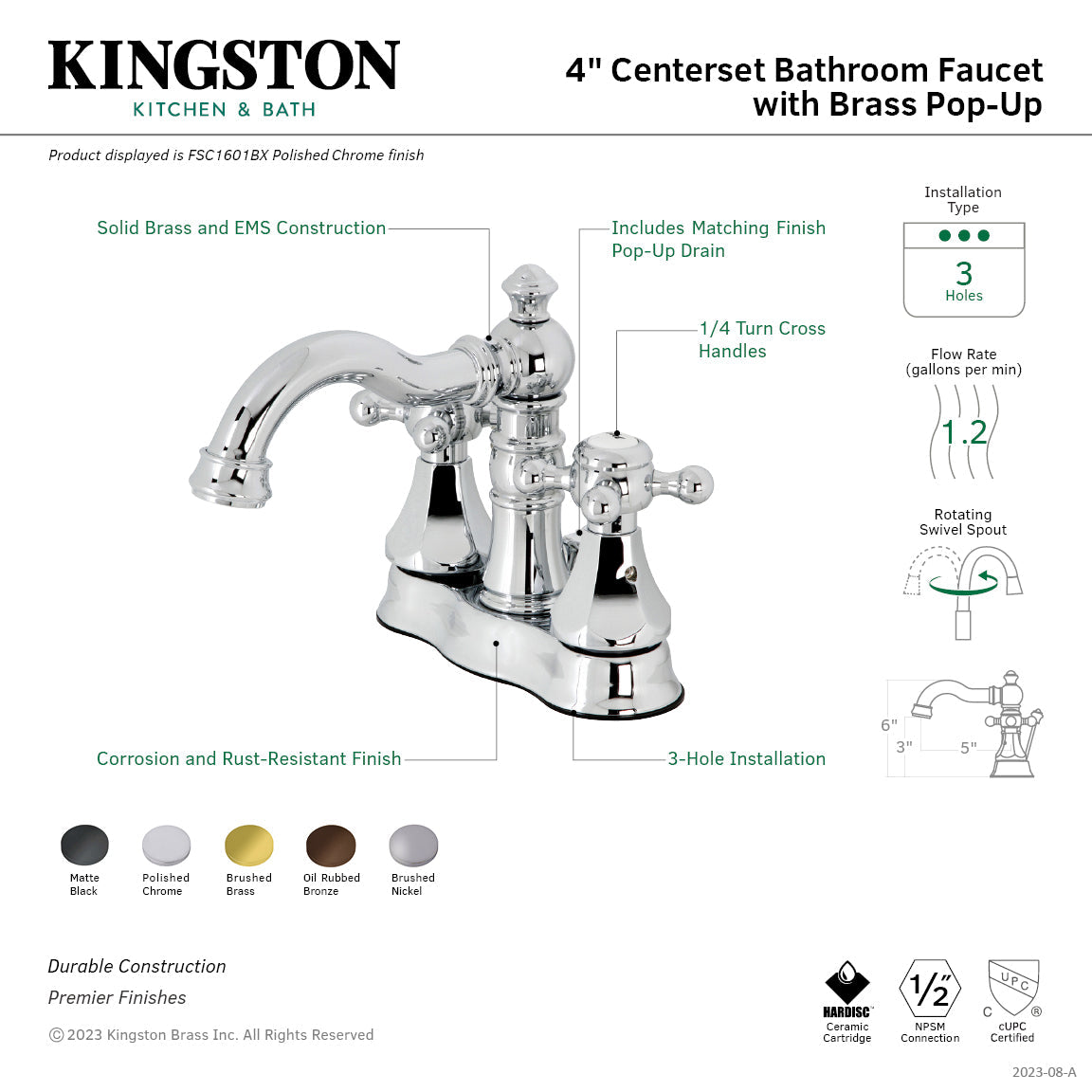 Metropolitan FSC1605BX Two-Handle 3-Hole Deck Mount 4" Centerset Bathroom Faucet with Pop-Up Drain, Oil Rubbed Bronze