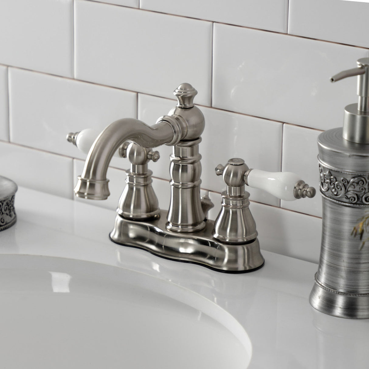 American Patriot FSC1608APL Two-Handle 3-Hole Deck Mount 4" Centerset Bathroom Faucet with Pop-Up Drain, Brushed Nickel