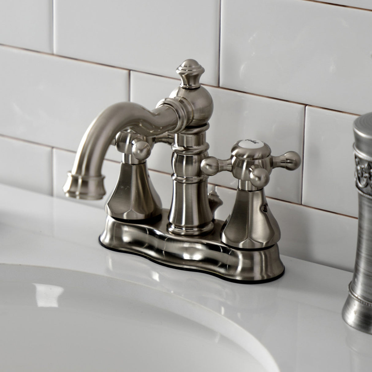 Metropolitan FSC1608BX Two-Handle 3-Hole Deck Mount 4" Centerset Bathroom Faucet with Pop-Up Drain, Brushed Nickel