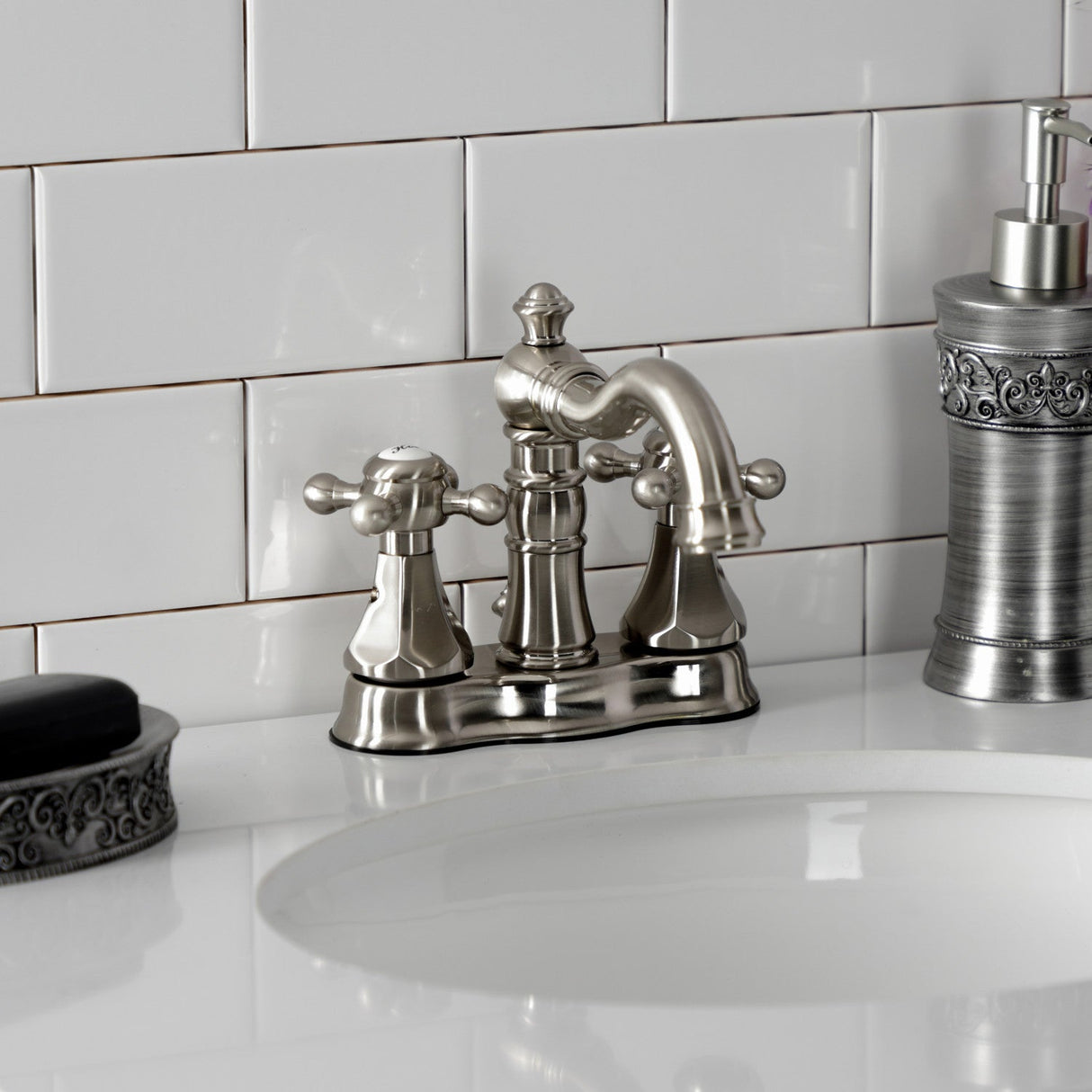 Metropolitan FSC1608BX Two-Handle 3-Hole Deck Mount 4" Centerset Bathroom Faucet with Pop-Up Drain, Brushed Nickel