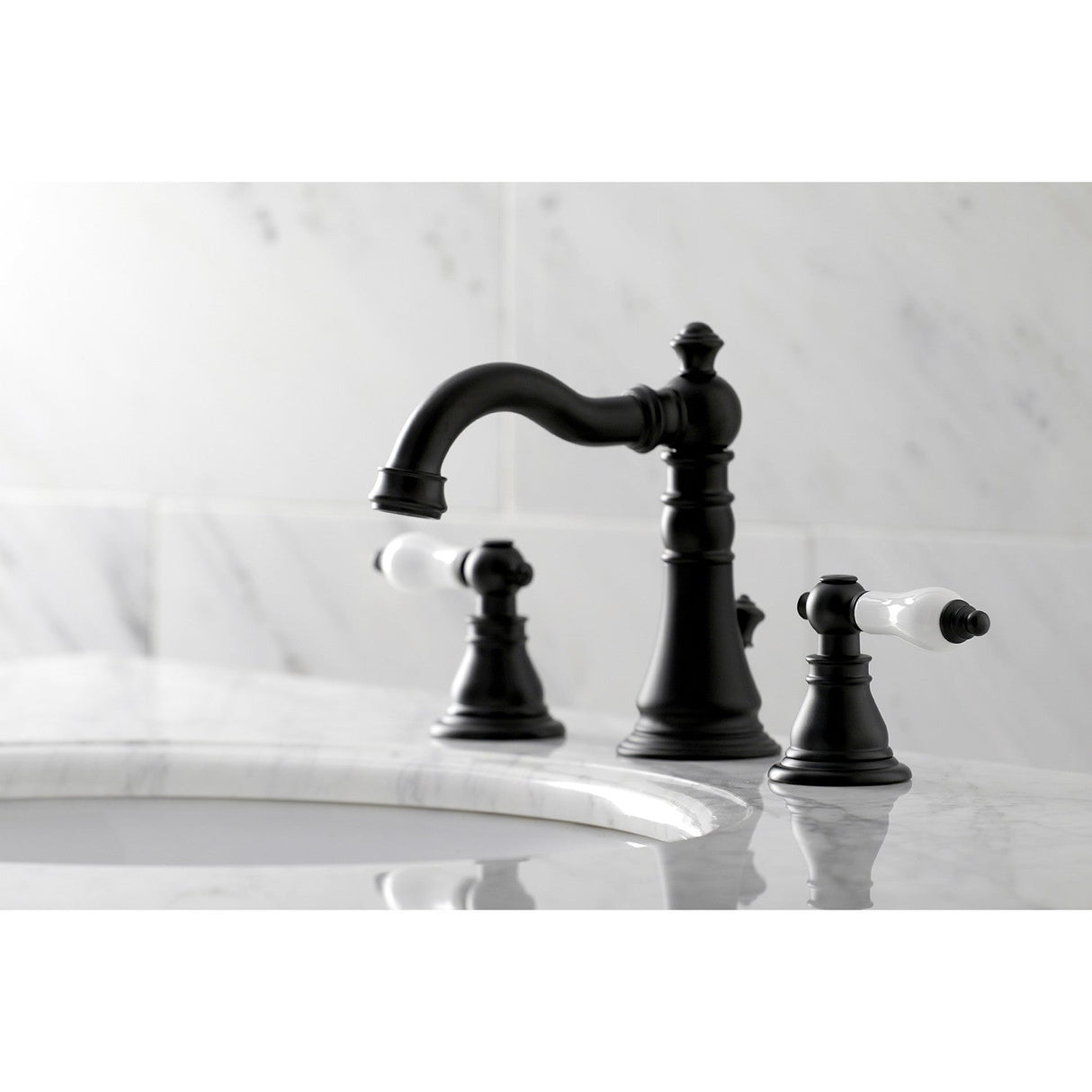 American Patriot FSC1970APL Two-Handle 3-Hole Deck Mount Widespread Bathroom Faucet with Brass Pop-Up, Matte Black