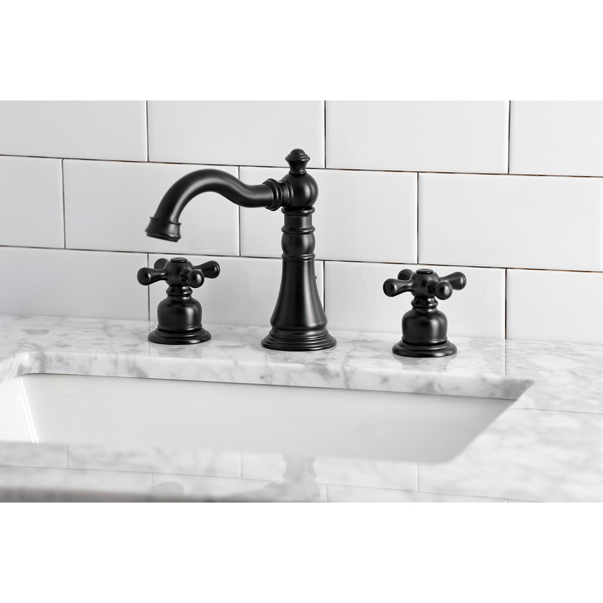 American Classic FSC1970AX Two-Handle 3-Hole Deck Mount Widespread Bathroom Faucet with Brass Pop-Up, Matte Black
