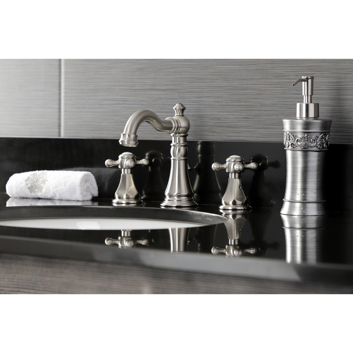 Metropolitan FSC1978BX Two-Handle 3-Hole Deck Mount Widespread Bathroom Faucet with Pop-Up Drain, Brushed Nickel