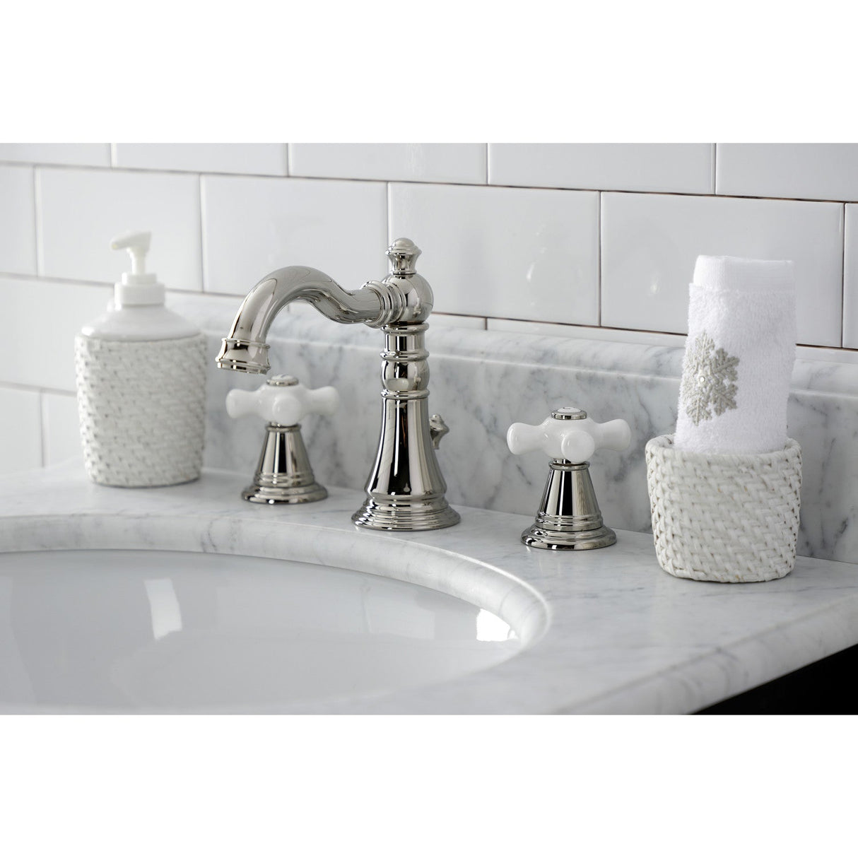 American Classic FSC1979APX Two-Handle 3-Hole Deck Mount Widespread Bathroom Faucet with Brass Pop-Up, Polished Nickel