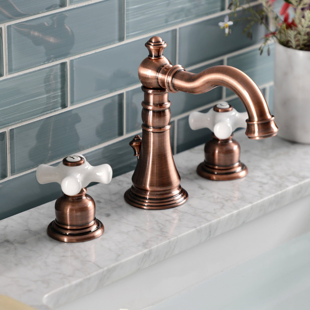 American Classic FSC197PXAC Two-Handle 3-Hole Deck Mount Widespread Bathroom Faucet with Brass Pop-Up, Antique Copper