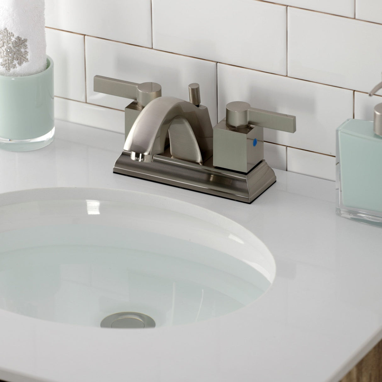 Meridian FSC4648NQL Two-Handle 3-Hole Deck Mount 4" Centerset Bathroom Faucet with Pop-Up Drain, Brushed Nickel