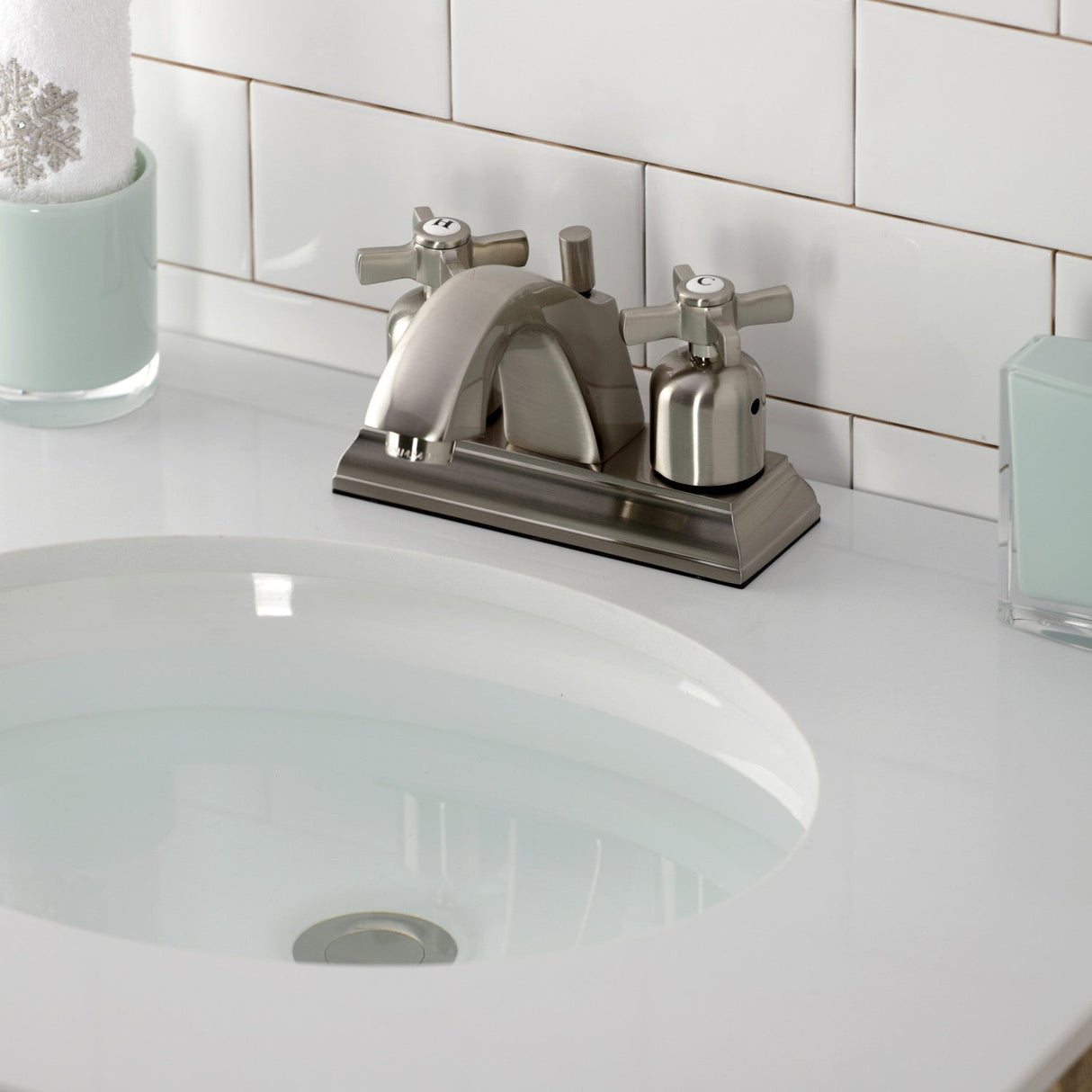 Millennium FSC4648ZX Two-Handle 3-Hole Deck Mount 4" Centerset Bathroom Faucet with Pop-Up Drain, Brushed Nickel