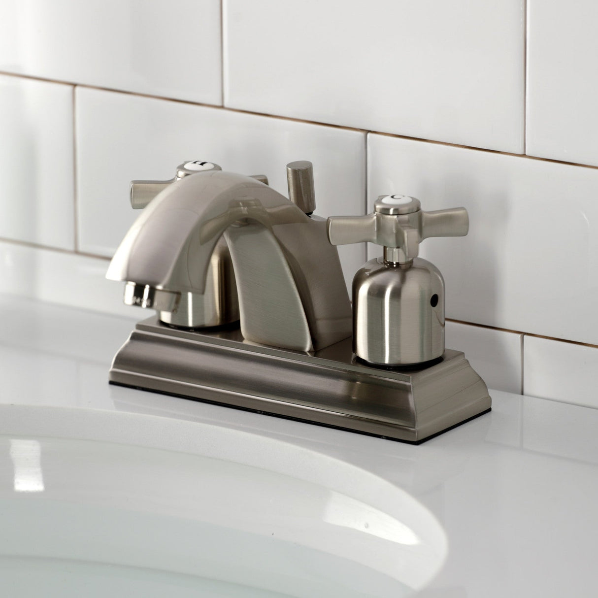 Millennium FSC4648ZX Two-Handle 3-Hole Deck Mount 4" Centerset Bathroom Faucet with Pop-Up Drain, Brushed Nickel