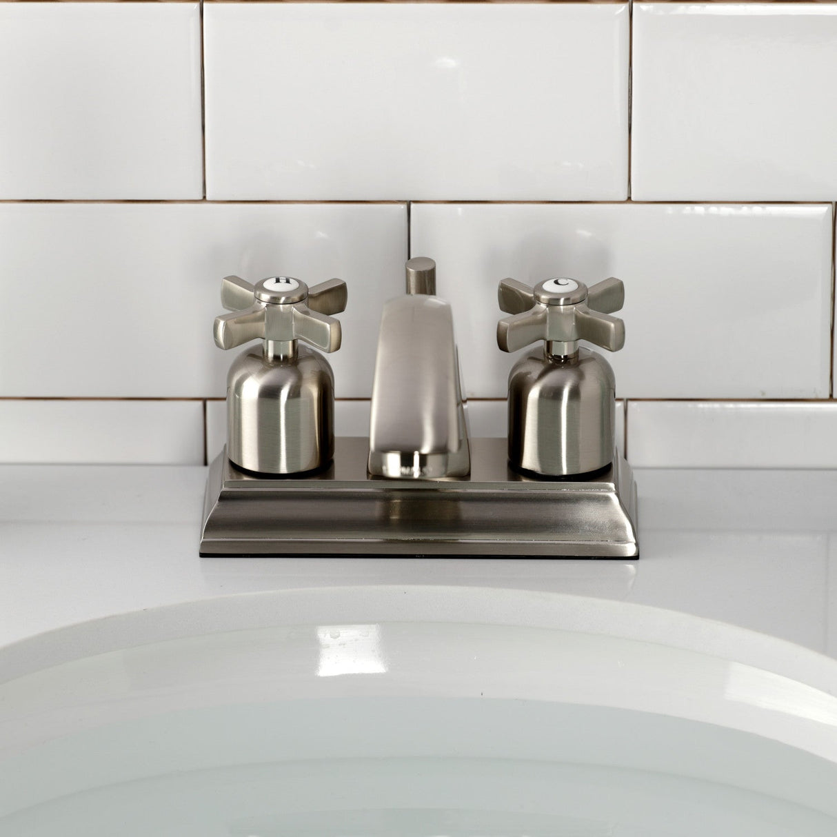 Millennium FSC4648ZX Two-Handle 3-Hole Deck Mount 4" Centerset Bathroom Faucet with Pop-Up Drain, Brushed Nickel