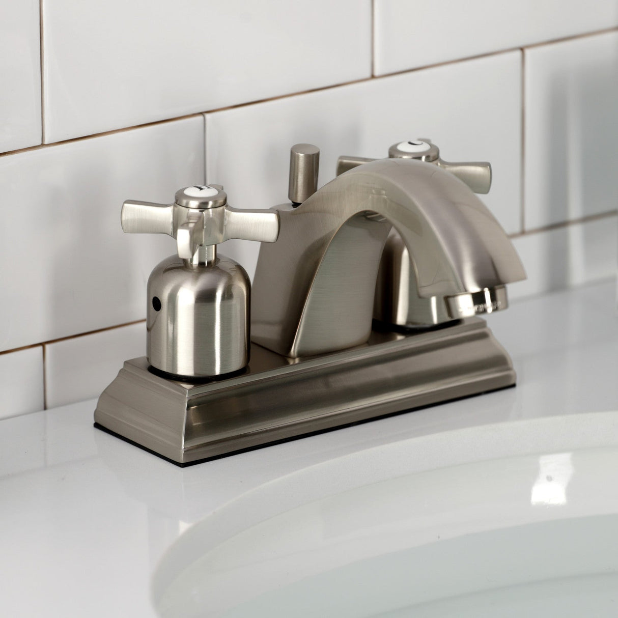 Millennium FSC4648ZX Two-Handle 3-Hole Deck Mount 4" Centerset Bathroom Faucet with Pop-Up Drain, Brushed Nickel