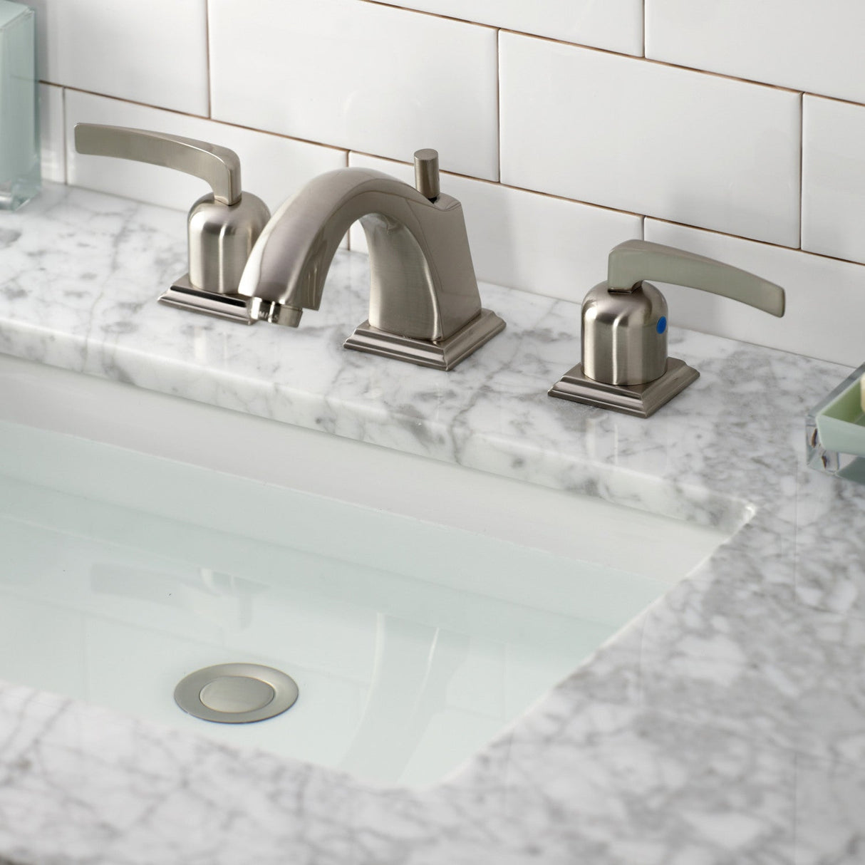 Centurion FSC4688EFL Two-Handle 3-Hole Deck Mount Widespread Bathroom Faucet with Pop-Up Drain, Brushed Nickel