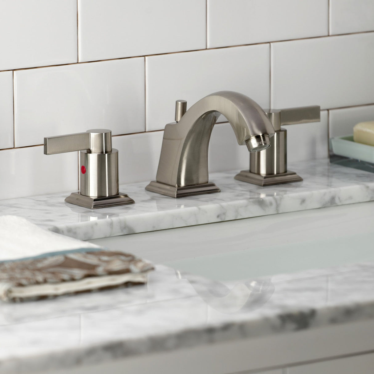 NuvoFusion FSC4688NDL Two-Handle 3-Hole Deck Mount Widespread Bathroom Faucet with Pop-Up Drain, Brushed Nickel