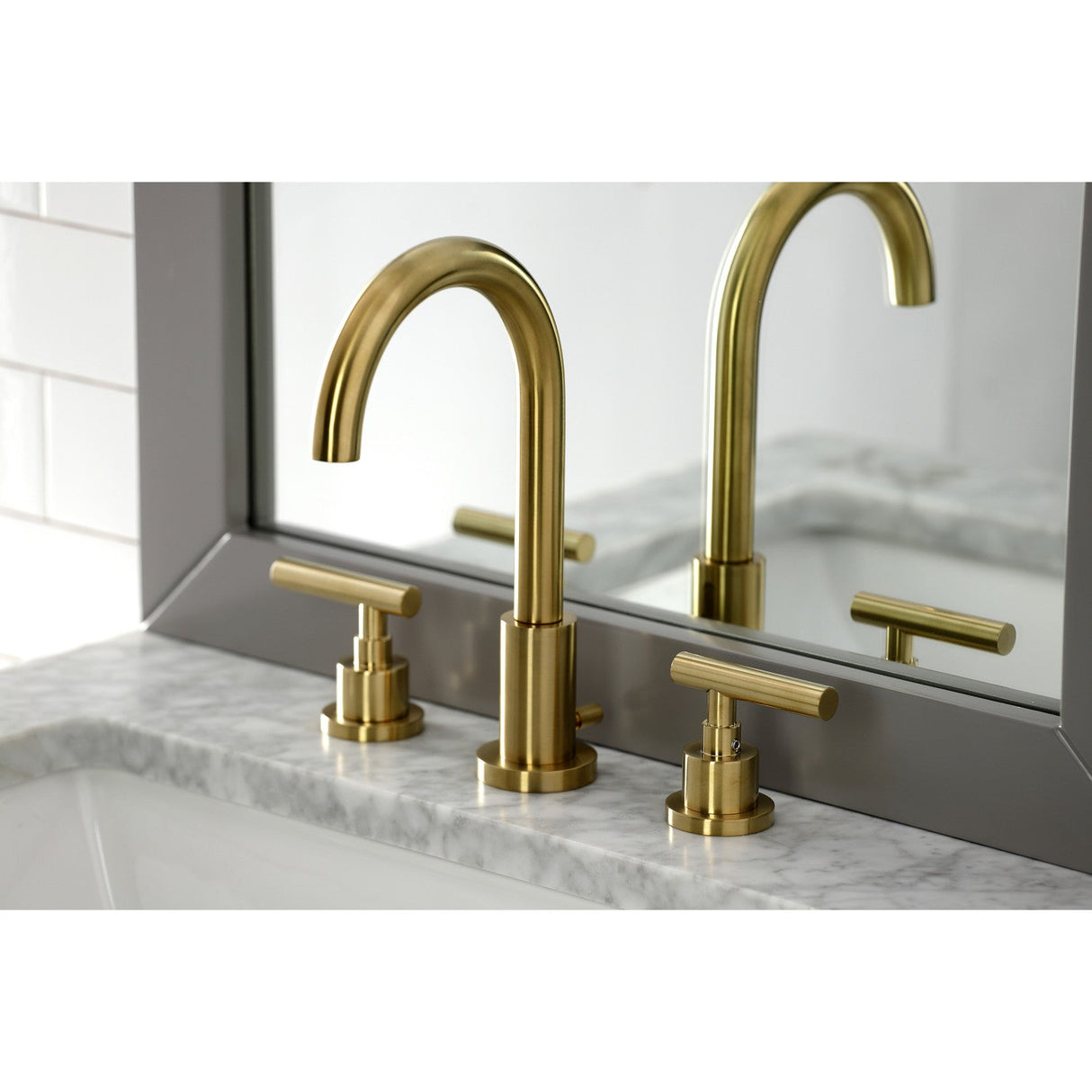 Manhattan FSC8923CML Two-Handle 3-Hole Deck Mount Widespread Bathroom Faucet with Pop-Up Drain, Brushed Brass