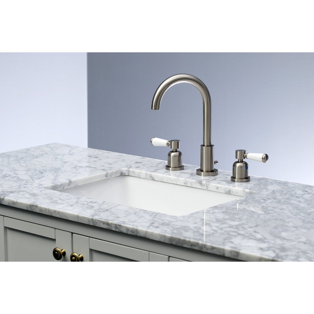 Paris FSC8928DPL Two-Handle 3-Hole Deck Mount Widespread Bathroom Faucet with Pop-Up Drain, Brushed Nickel