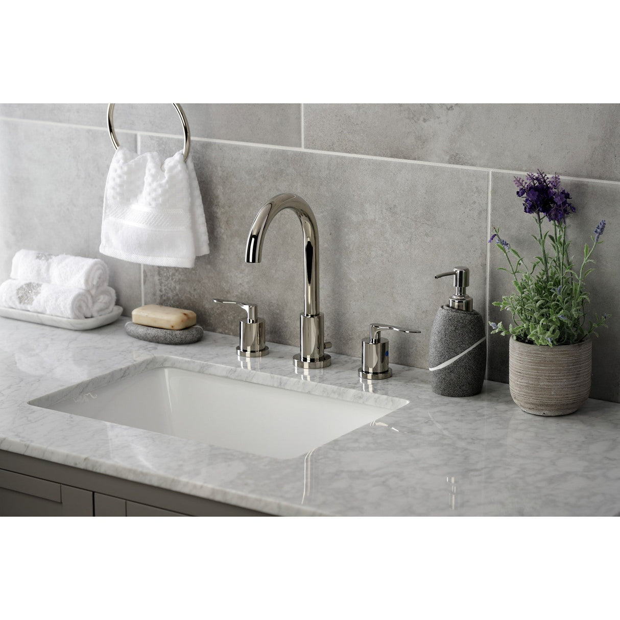 Serena FSC8929SVL Two-Handle 3-Hole Deck Mount Widespread Bathroom Faucet with Pop-Up Drain, Polished Nickel