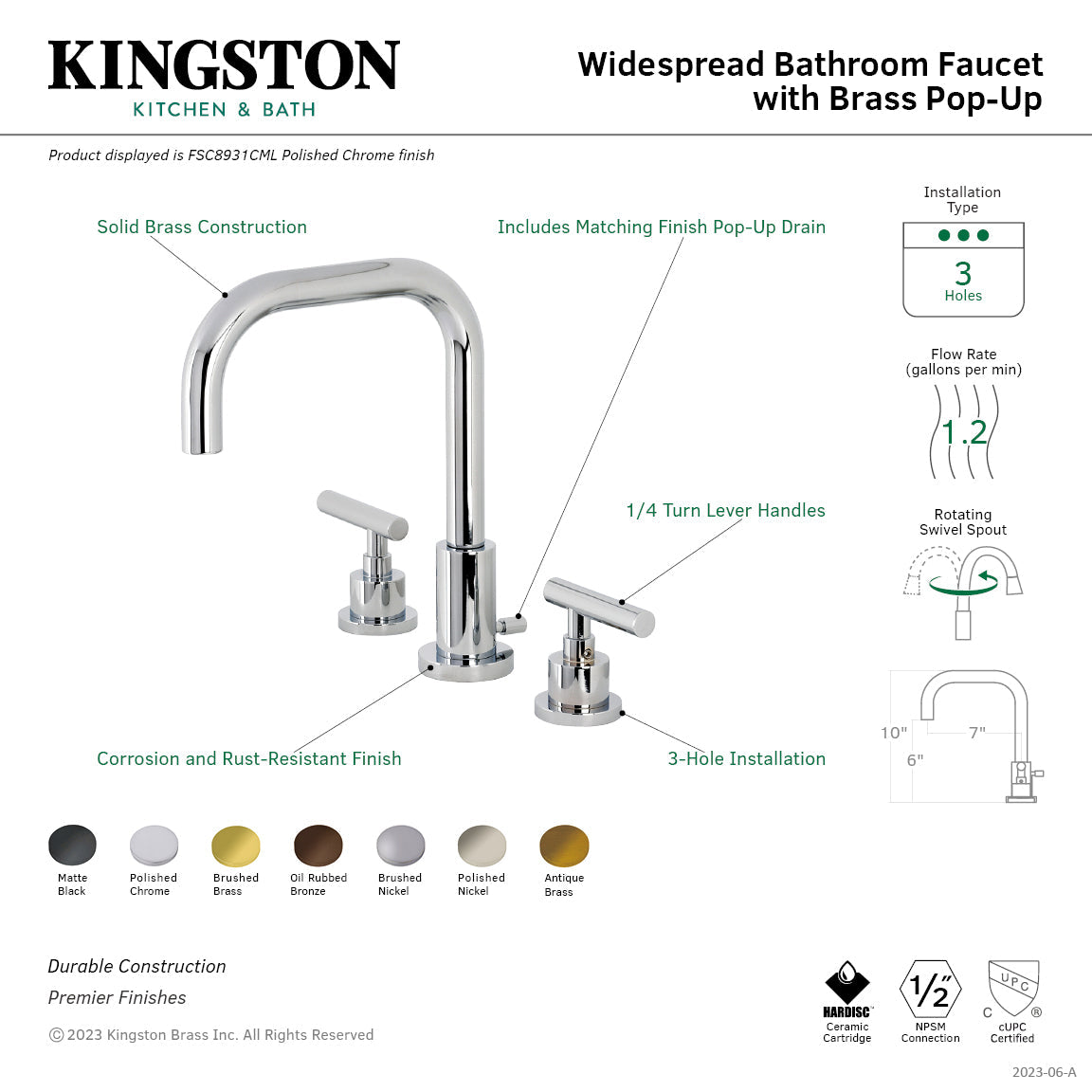 Manhattan FSC8930CML Two-Handle 3-Hole Deck Mount Widespread Bathroom Faucet with Pop-Up Drain, Matte Black