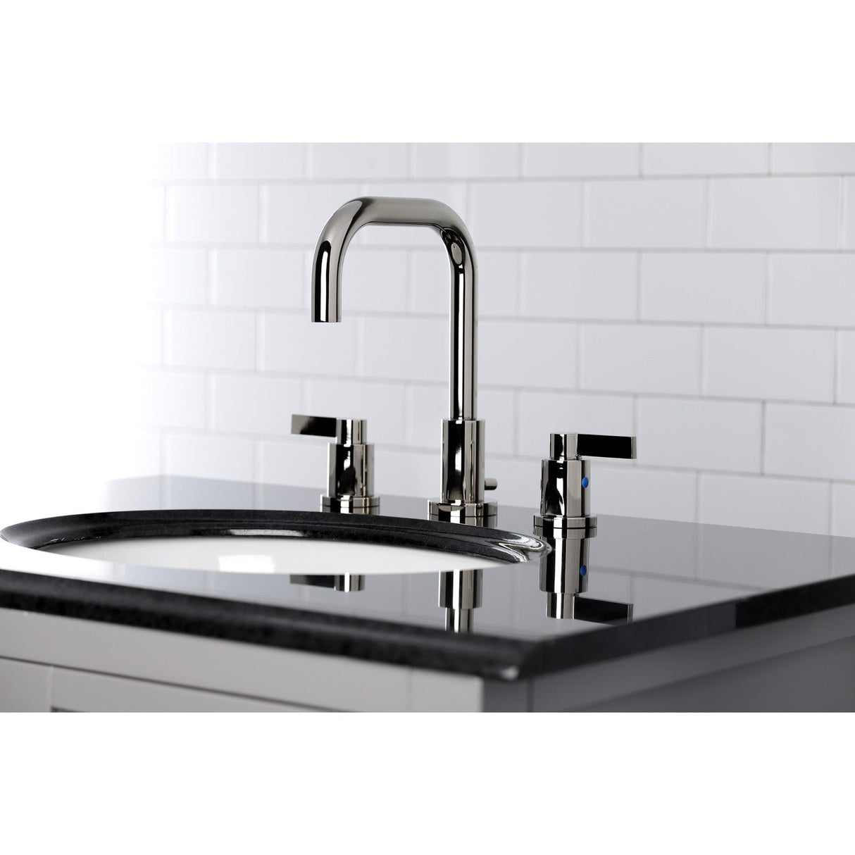 NuvoFusion FSC8939NDL Two-Handle 3-Hole Deck Mount Widespread Bathroom Faucet with Pop-Up Drain, Polished Nickel