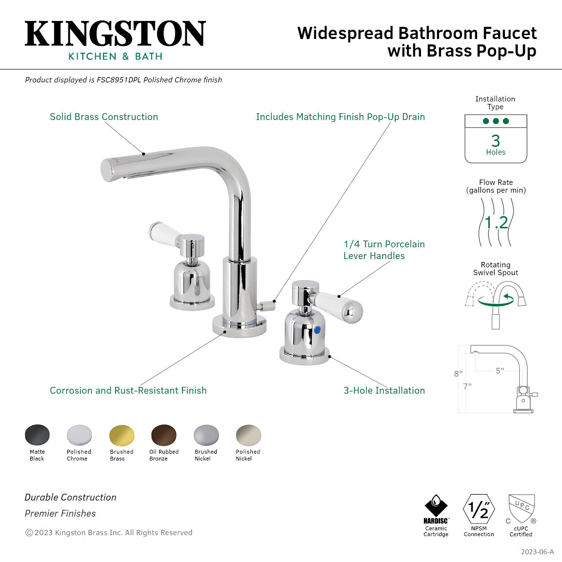 Paris FSC8955DPL Two-Handle 3-Hole Deck Mount Widespread Bathroom Faucet with Pop-Up Drain, Oil Rubbed Bronze