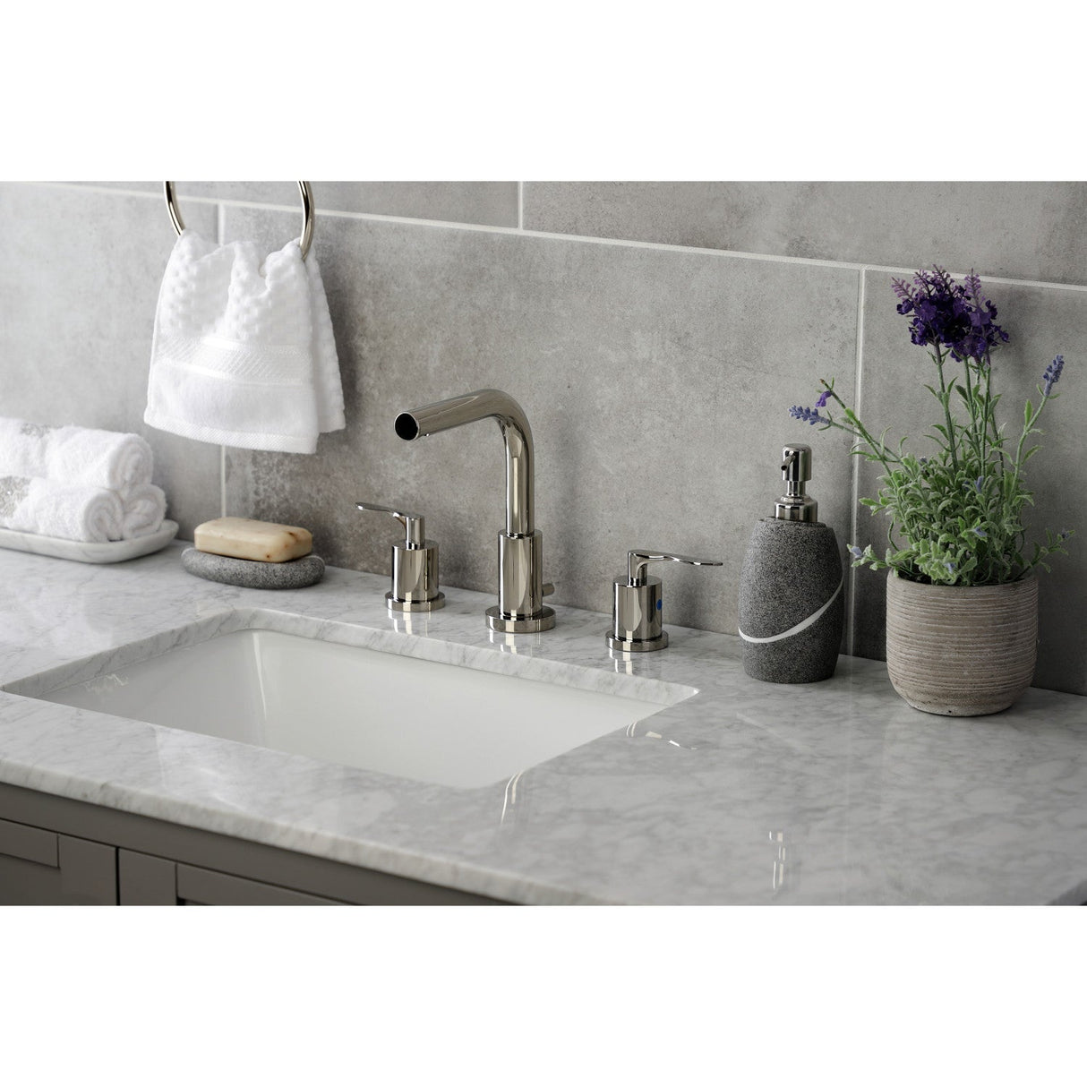 Serena FSC8959SVL Two-Handle 3-Hole Deck Mount Widespread Bathroom Faucet with Pop-Up Drain, Polished Nickel