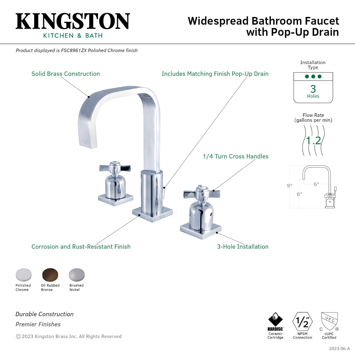 Millennium FSC8965ZX Two-Handle 3-Hole Deck Mount Widespread Bathroom Faucet with Pop-Up Drain, Oil Rubbed Bronze