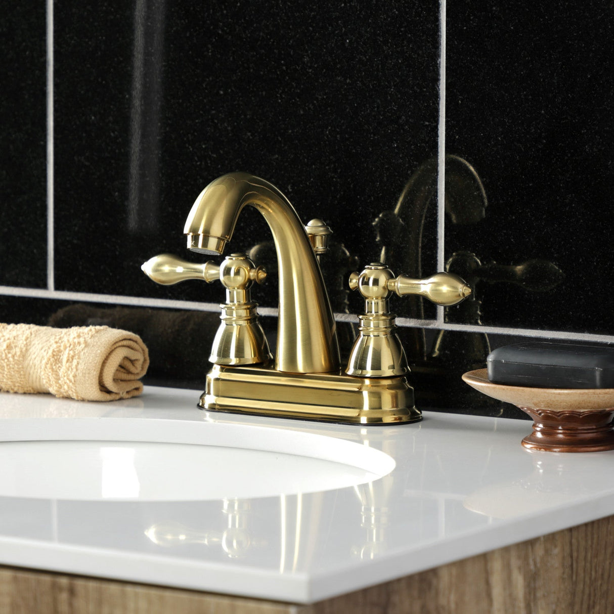 American Classic FSY5613ACL Two-Handle 3-Hole Deck Mount 4" Centerset Bathroom Faucet with Plastic Pop-Up, Brushed Brass