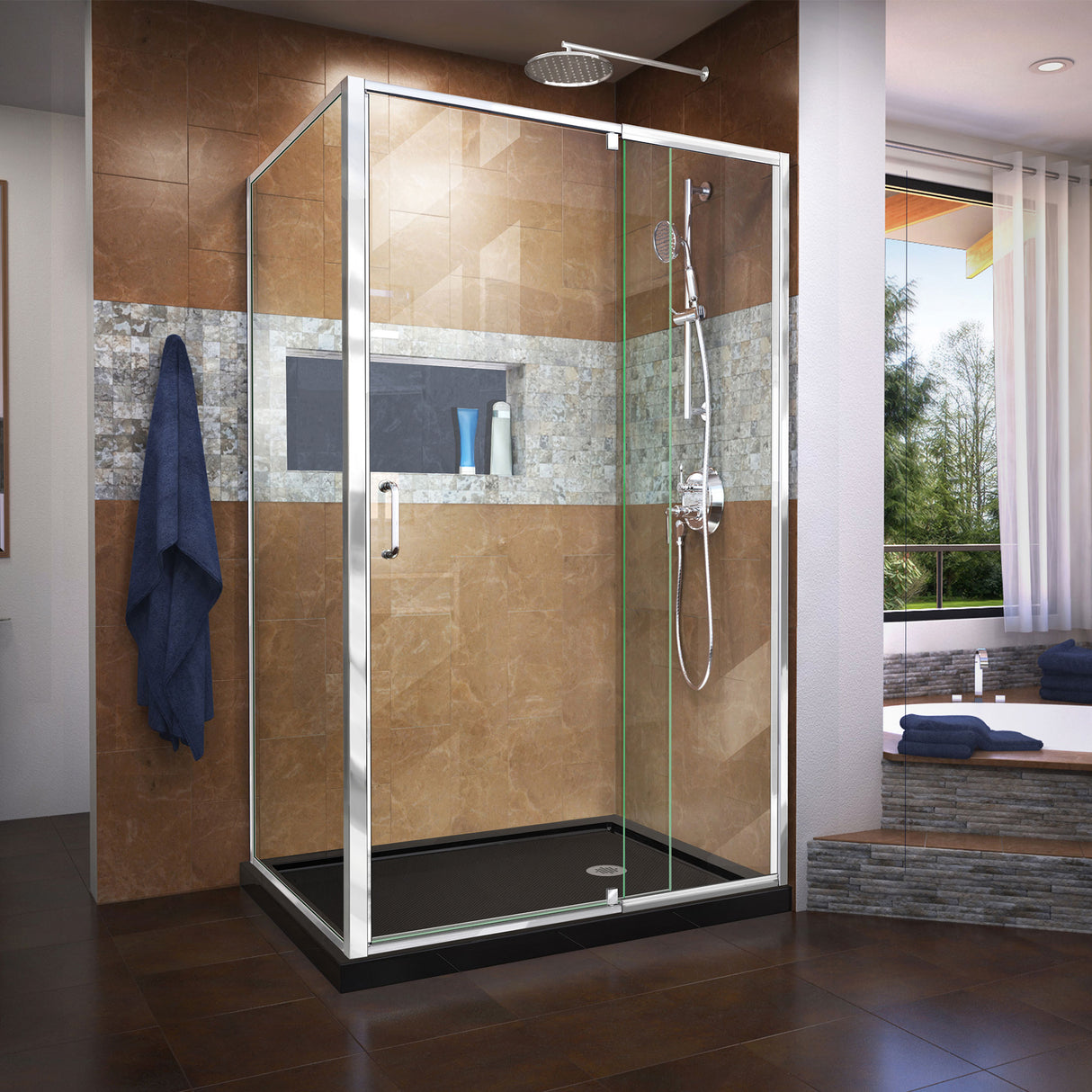 DreamLine Flex 36 in. D x 48 in. W x 74 3/4 in. H Semi-Frameless Pivot Shower Enclosure in Chrome with Right Drain Black Base Kit