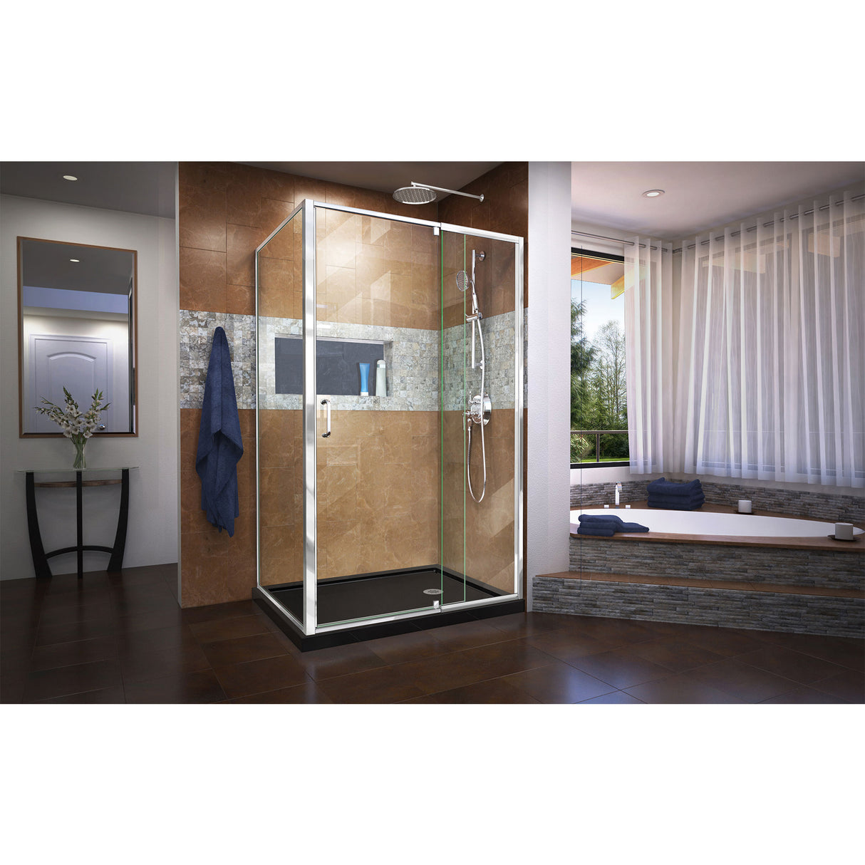 DreamLine Flex 36 in. D x 48 in. W x 74 3/4 in. H Semi-Frameless Pivot Shower Enclosure in Chrome with Right Drain Black Base Kit