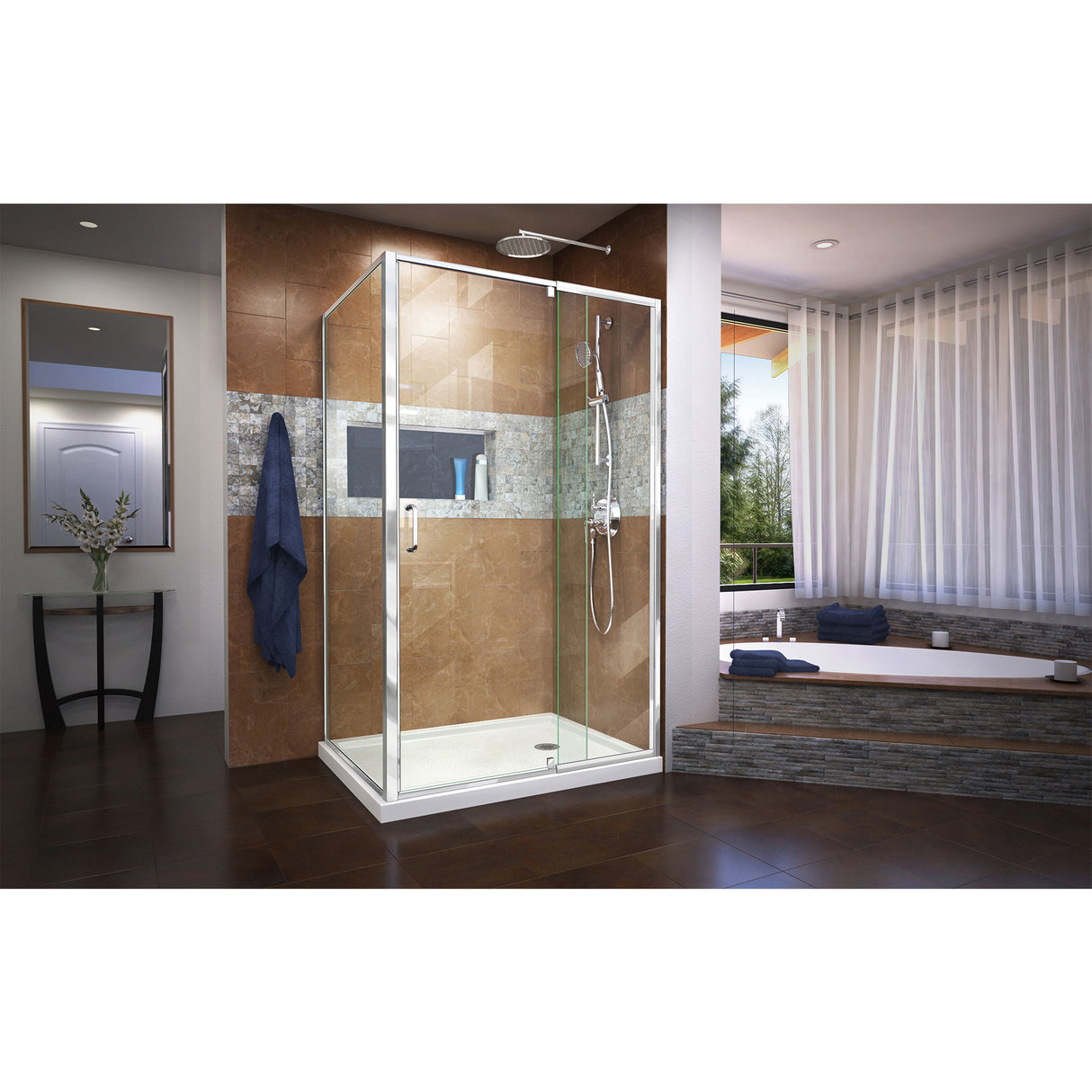 DreamLine Flex 36 in. D x 48 in. W x 74 3/4 in. H Semi-Frameless Pivot Shower Enclosure in Chrome with Right Drain White Base Kit