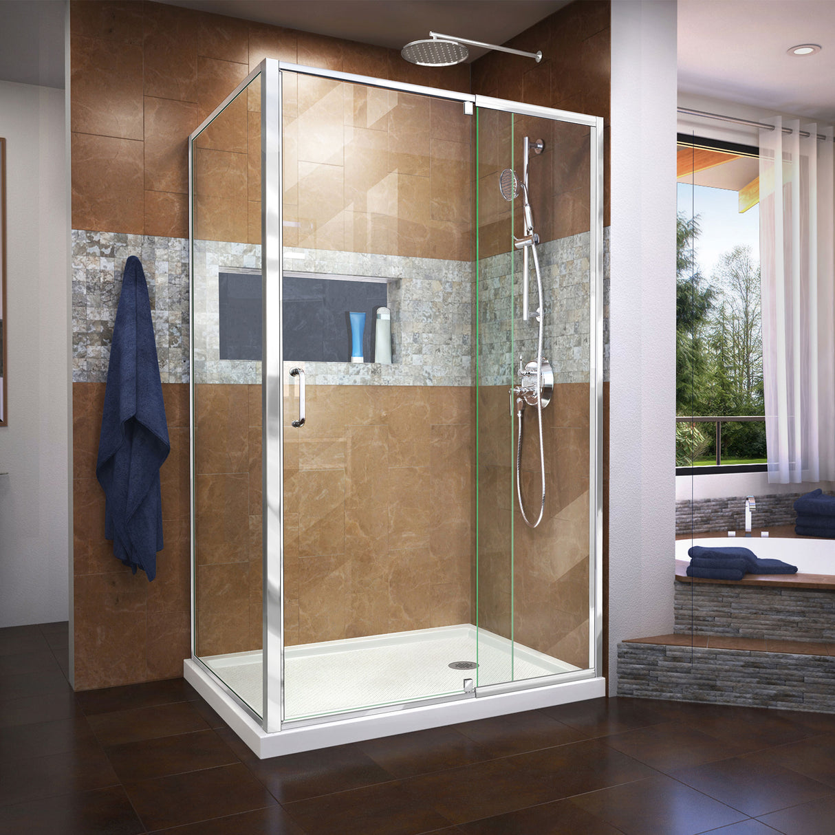 DreamLine Flex 36 in. D x 48 in. W x 74 3/4 in. H Semi-Frameless Pivot Shower Enclosure in Chrome with Right Drain White Base Kit