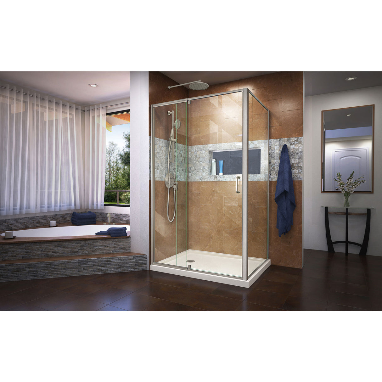 DreamLine Flex 36 in. D x 48 in. W x 74 3/4 in. H Semi-Frameless Shower Enclosure in Brushed Nickel with Left Drain Biscuit Base