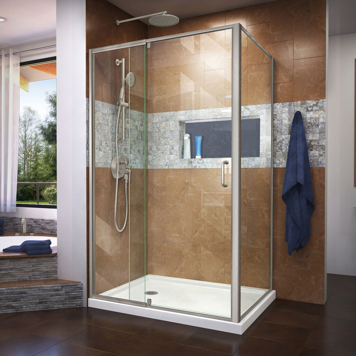 DreamLine Flex 36 in. D x 48 in. W x 74 3/4 in. H Semi-Frameless Shower Enclosure in Brushed Nickel with Left Drain White Base Kit