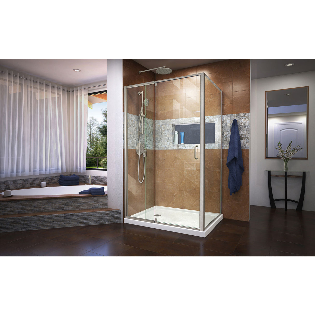 DreamLine Flex 36 in. D x 48 in. W x 74 3/4 in. H Semi-Frameless Shower Enclosure in Brushed Nickel with Left Drain White Base Kit