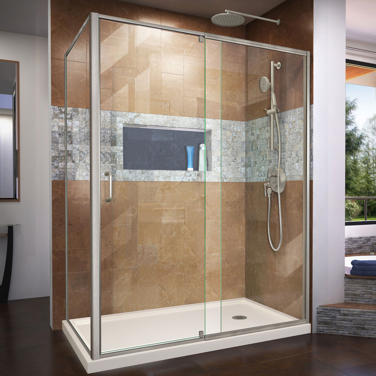 DreamLine Flex 36 in. D x 60 in. W x 74 3/4 in. H Semi-Frameless Shower Enclosure in Brushed Nickel with Right Drain Biscuit Base