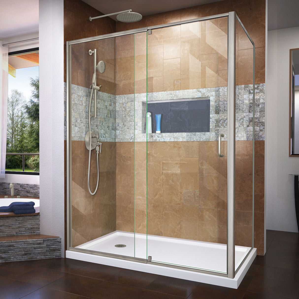 DreamLine Flex 36 in. D x 60 in. W x 74 3/4 in. H Semi-Frameless Shower Enclosure in Brushed Nickel with Left Drain White Base Kit