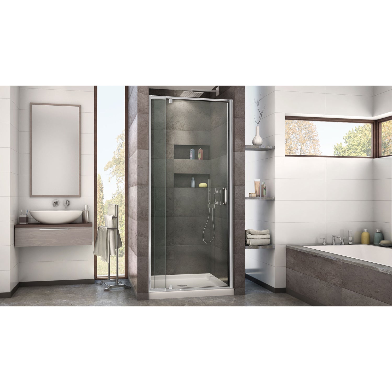 DreamLine Flex 32 in. D x 32 in. W x 74 3/4 in. H Semi-Frameless Pivot Shower Door in Chrome with Center Drain Biscuit Base
