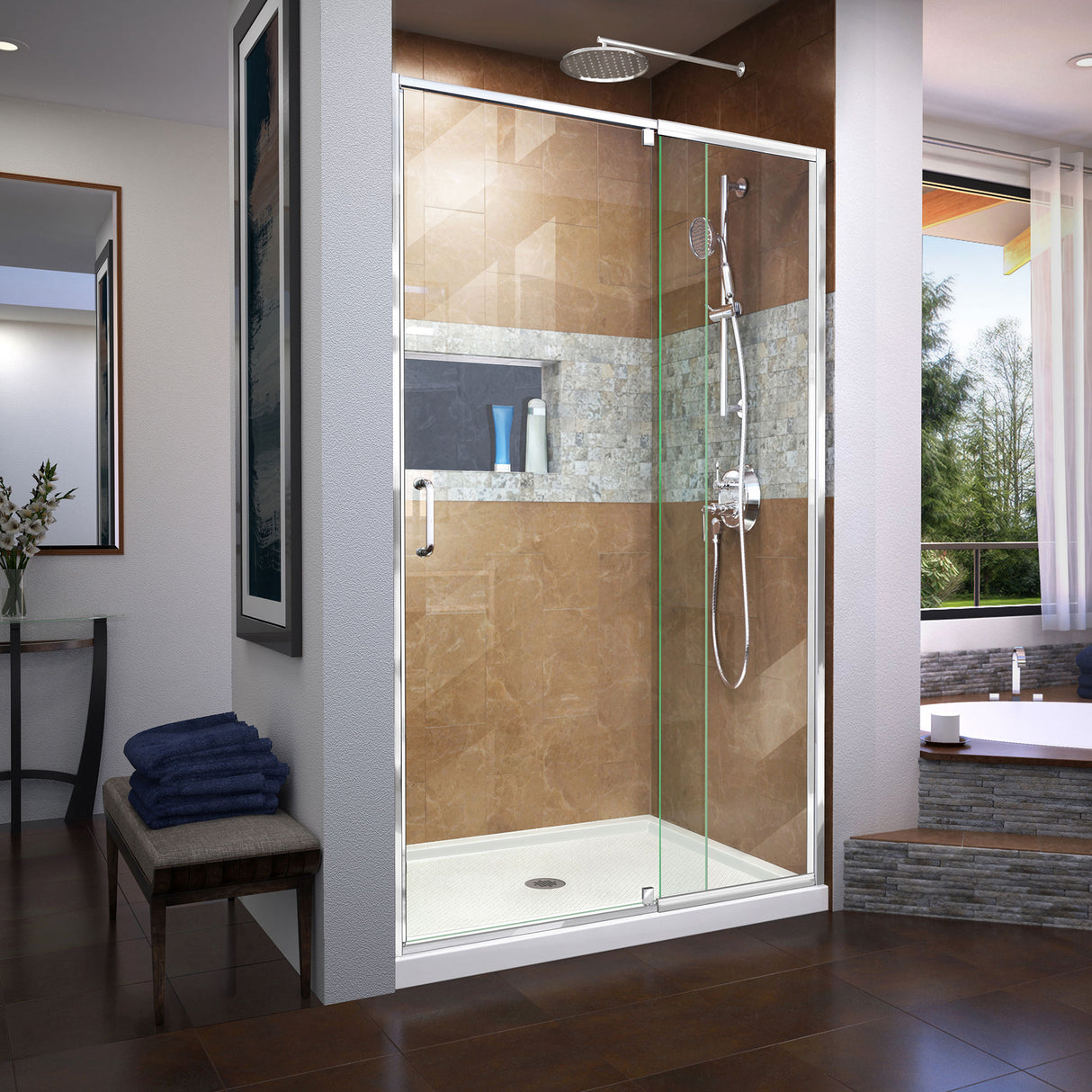 DreamLine Flex 36 in. D x 48 in. W x 74 3/4 in. H Semi-Frameless Pivot Shower Door in Chrome with Center Drain White Base Kit