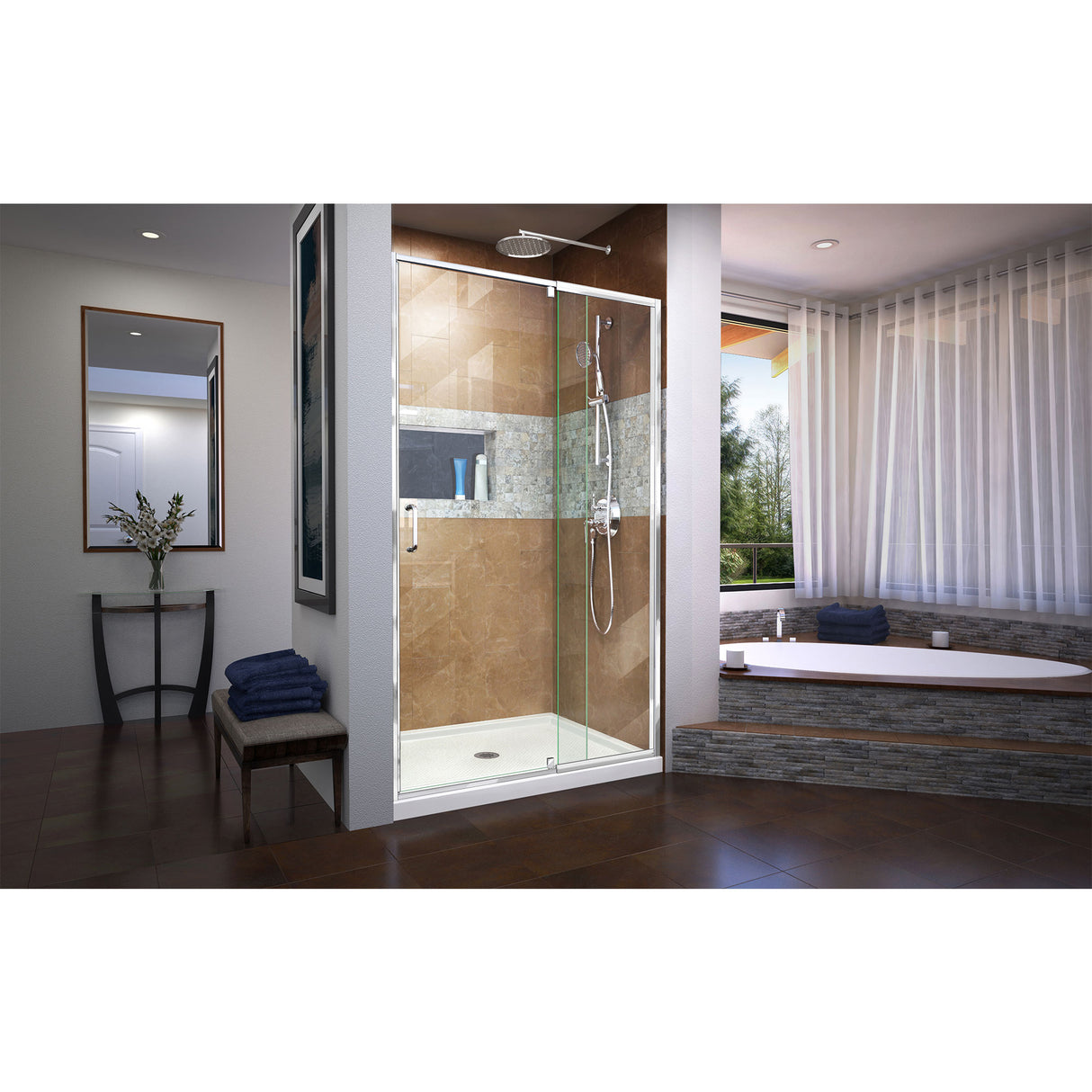 DreamLine Flex 36 in. D x 48 in. W x 74 3/4 in. H Semi-Frameless Pivot Shower Door in Chrome with Center Drain White Base Kit
