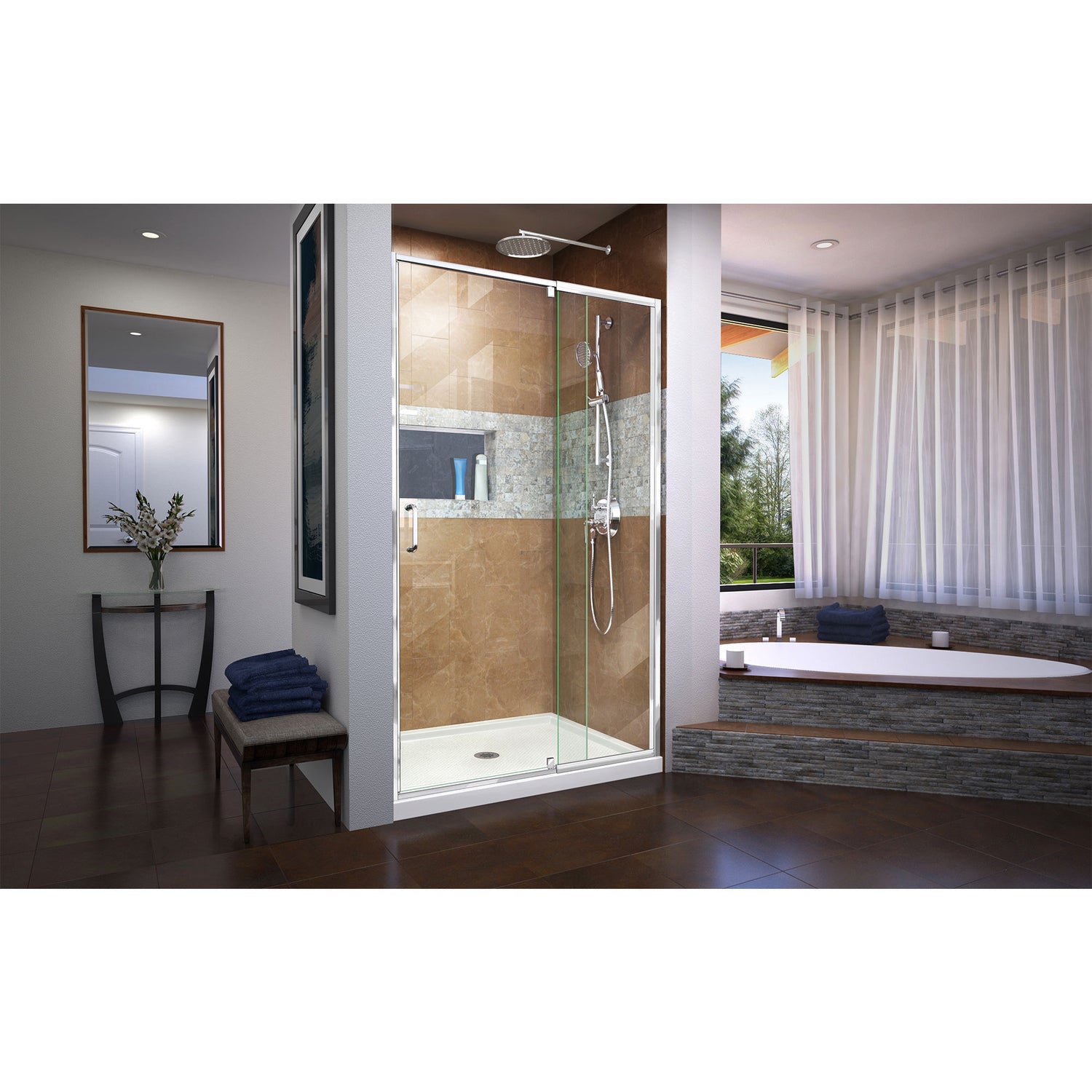 DreamLine Flex 36 in. D x 48 in. W x 74 3/4 in. H Semi-Frameless Pivot Shower Door in Chrome with Center Drain White Base Kit