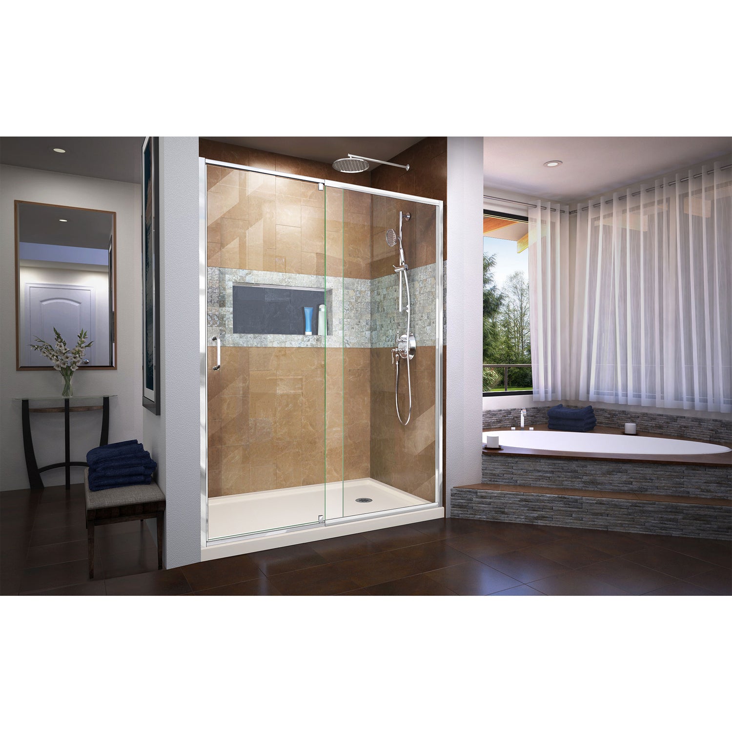 DreamLine Flex 30 in. D x 60 in. W x 74 3/4 in. H Semi-Frameless Pivot Shower Door in Chrome with Right Drain Biscuit Base Kit