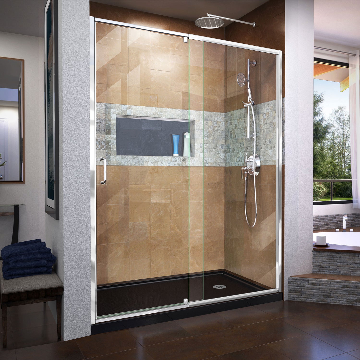 DreamLine Flex 32 in. D x 60 in. W x 74 3/4 in. H Semi-Frameless Pivot Shower Door in Chrome with Right Drain Black Base Kit